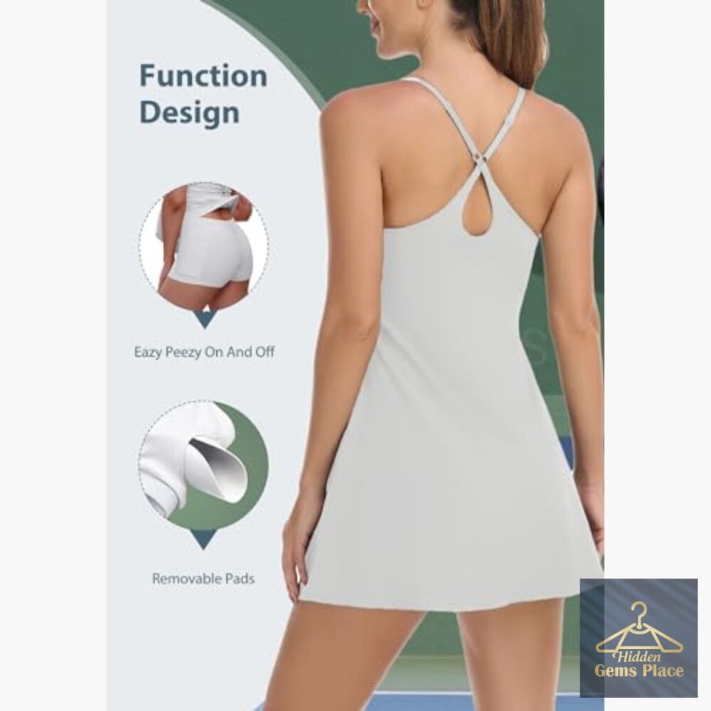 Sleeveless Athletic Dress with Built-in Shorts, Adjustable Straps, Pockets - Picture 3 of 7
